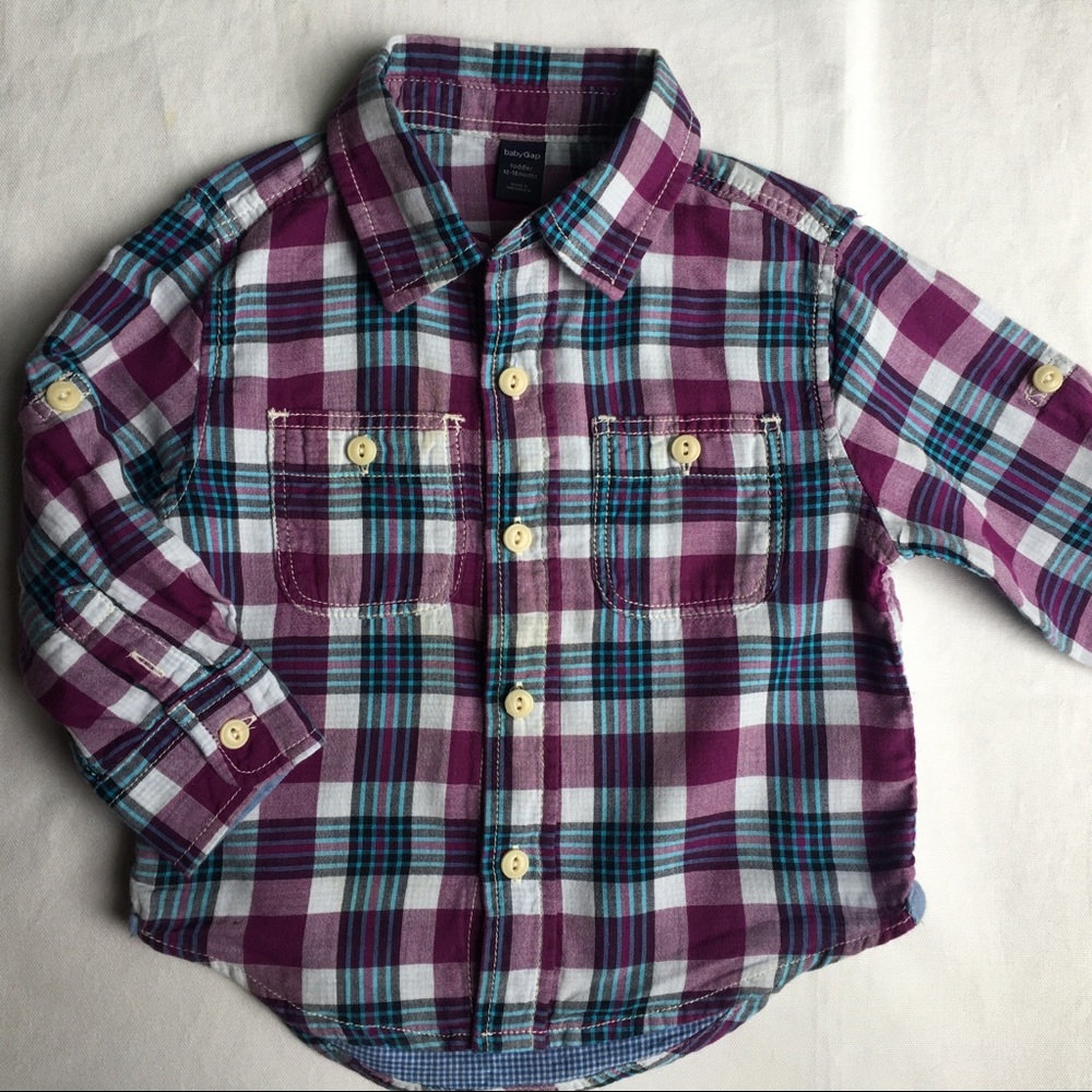 Gap shirt size 12 18 months plaid lined blue purple boys cotton button down